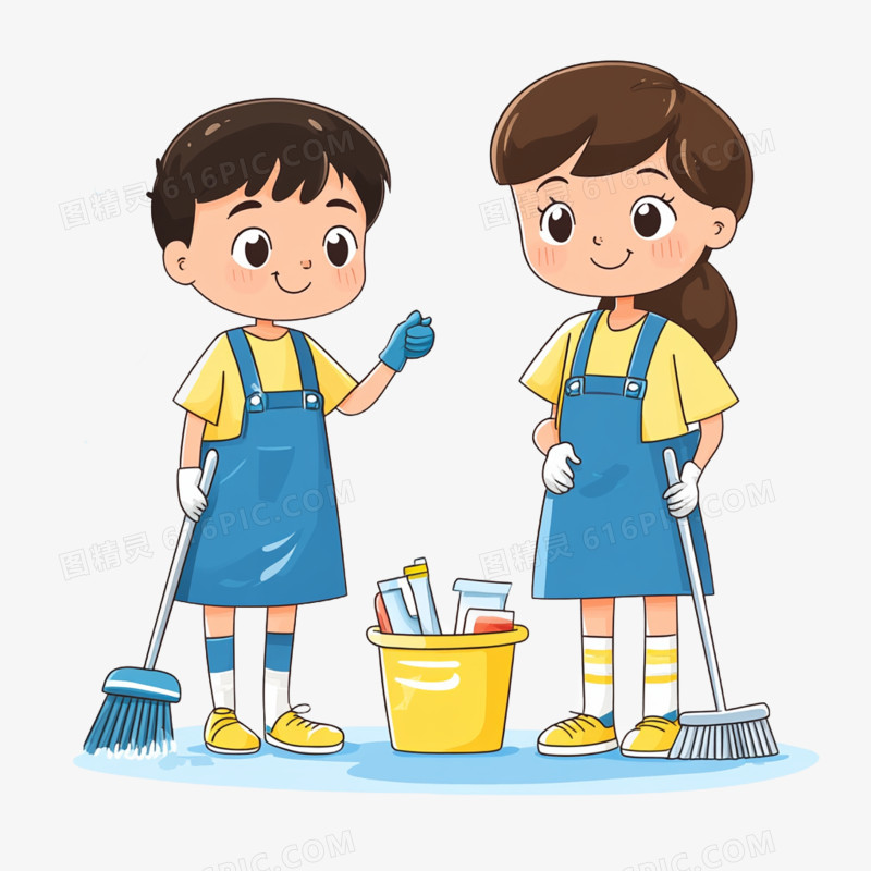插画风两个人打扫卫生免抠元素
