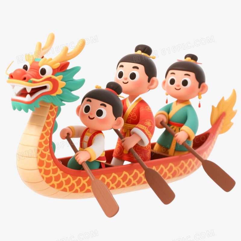 中国风插画划龙舟免抠元素