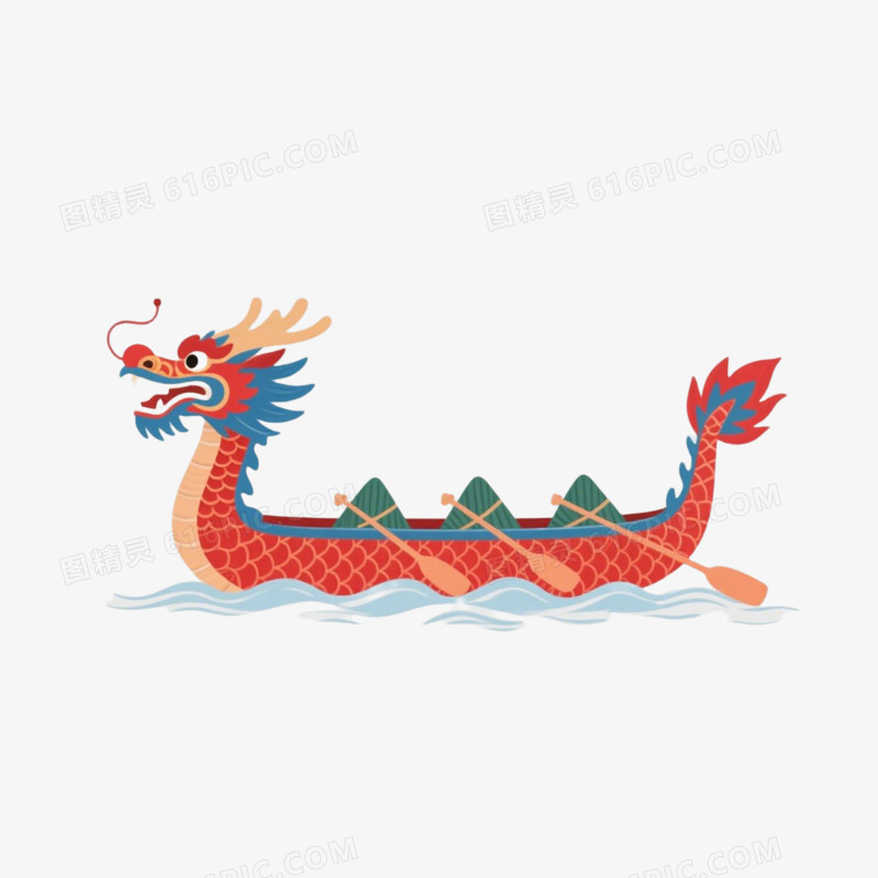 中国风插画划龙舟免抠元素