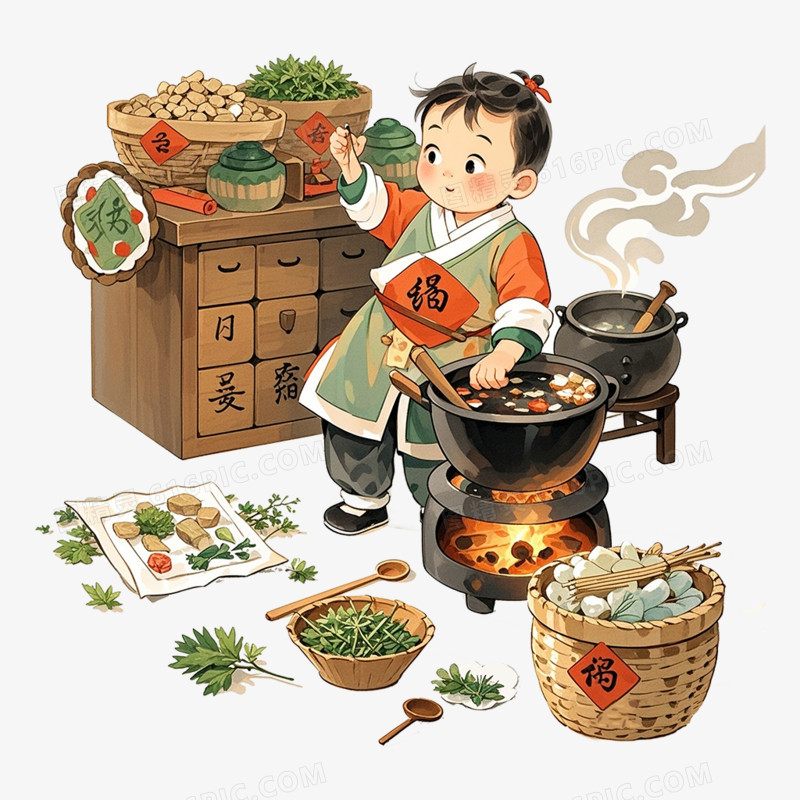古风插画小药童为病人抓药熬药免抠元素