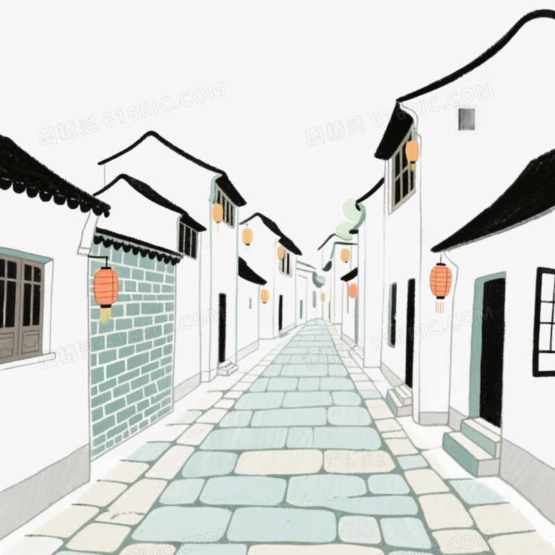 中国风水墨江南街巷风景免抠元素