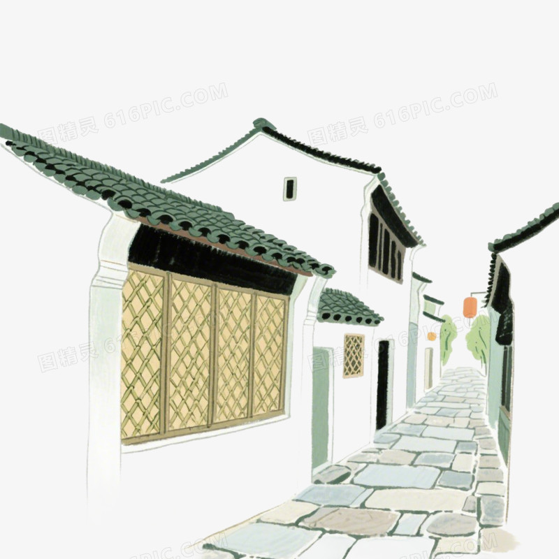 中国风水墨江南街巷风景免抠元素