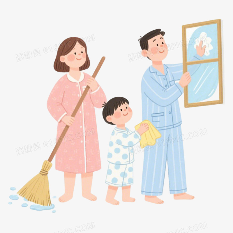 卡通一家三口打扫卫生擦玻璃扫地免抠元素