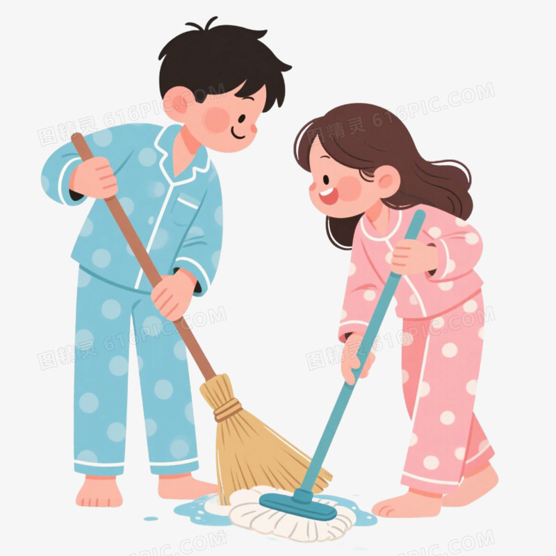 卡通插画风格情侣打扫卫生免抠元素