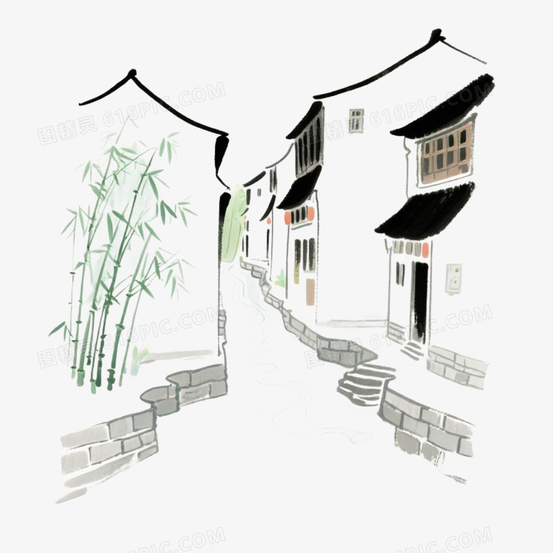 中国风水墨江南街巷风景免抠元素