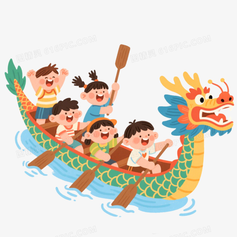 插画风一群小孩在划龙舟免抠元素