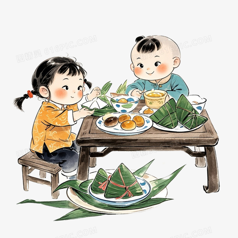 插画风端午节包粽子风俗免抠元素
