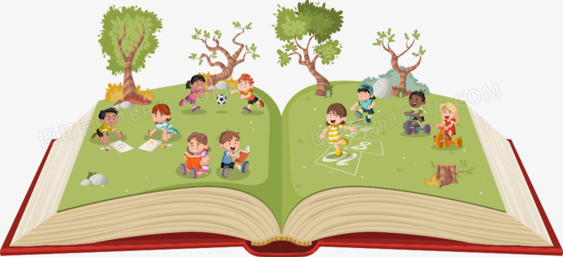 矢量书本上的小树与卡通儿童