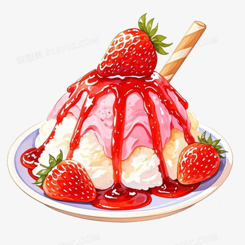卡通水彩插画风格夏季饮品冰淇淋冰棍草莓绵绵冰免抠元素