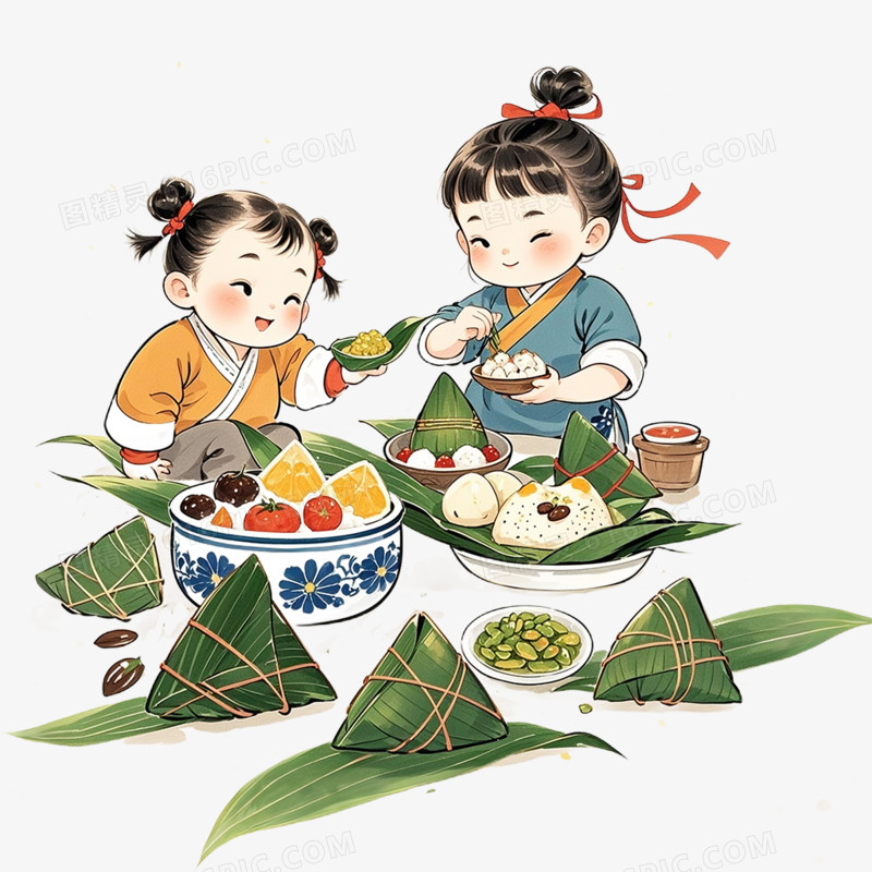 插画风端午节包粽子风俗免抠元素