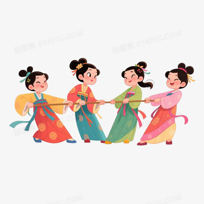 卡通插画风儿童拔河比赛拔河赛拔河免抠元素
