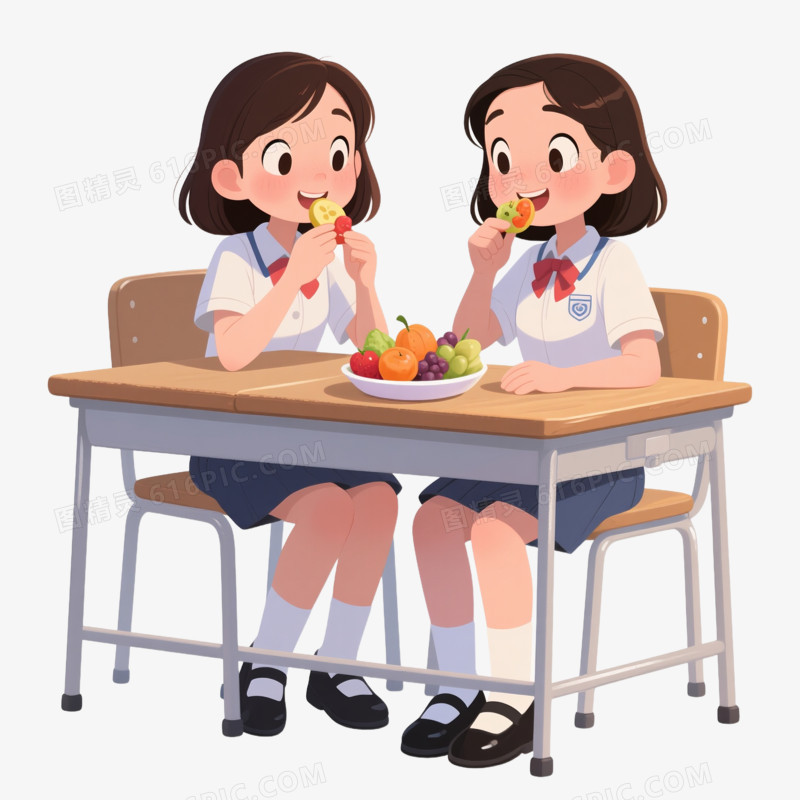 卡通手绘女学生吃水果免抠元素