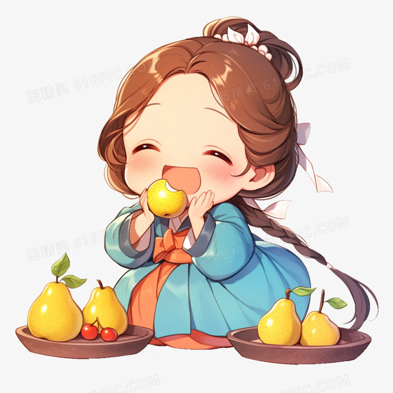 卡通穿古装的小女孩吃梨免抠元素