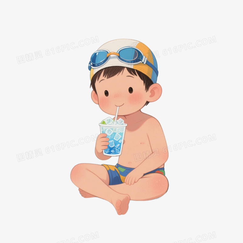 卡通穿泳衣戴泳帽的小男孩在喝冰镇饮料免抠元素