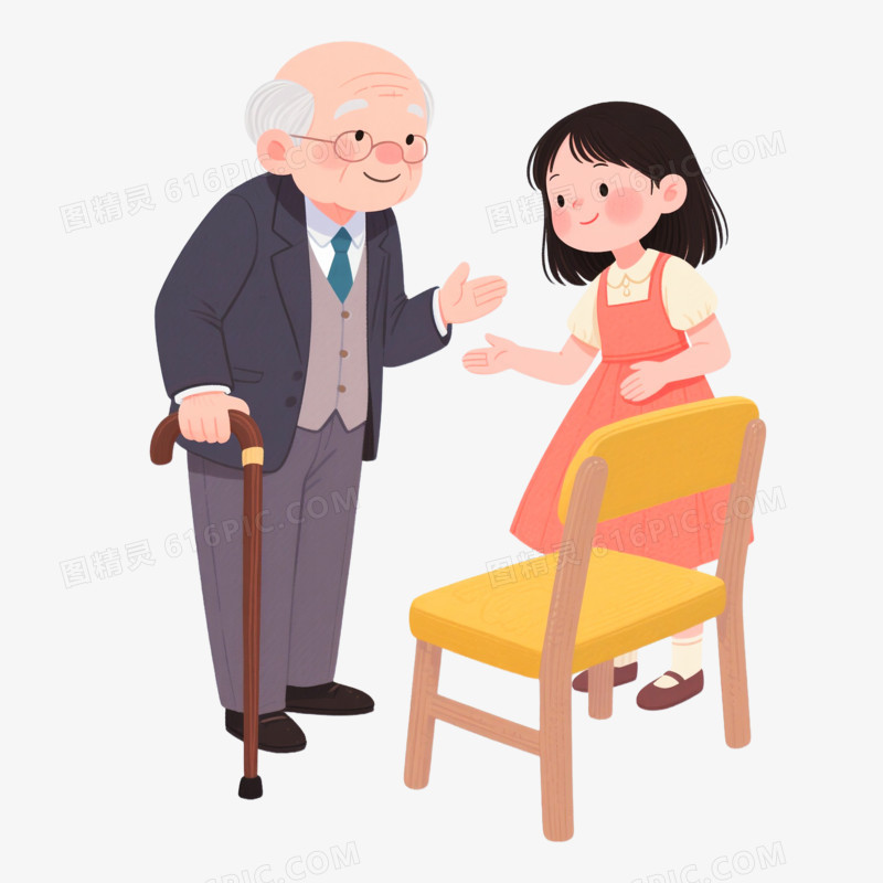 卡通手绘女孩给老人让座免抠元素