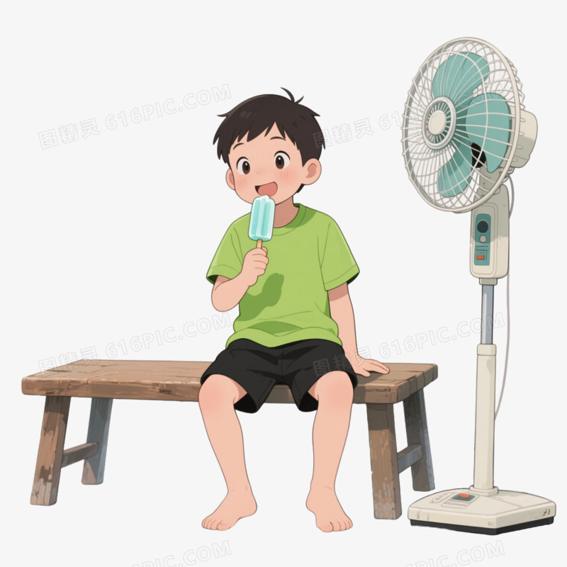 卡通小男孩拿着冰棍坐在椅子上吹风扇解暑免抠元素