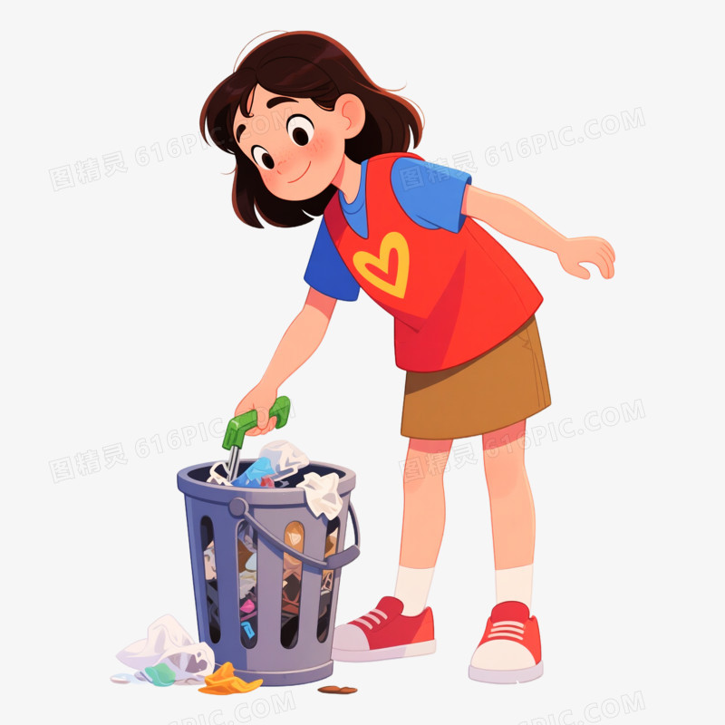 卡通手绘女孩帮忙捡起垃圾桶边上的垃圾免抠元素