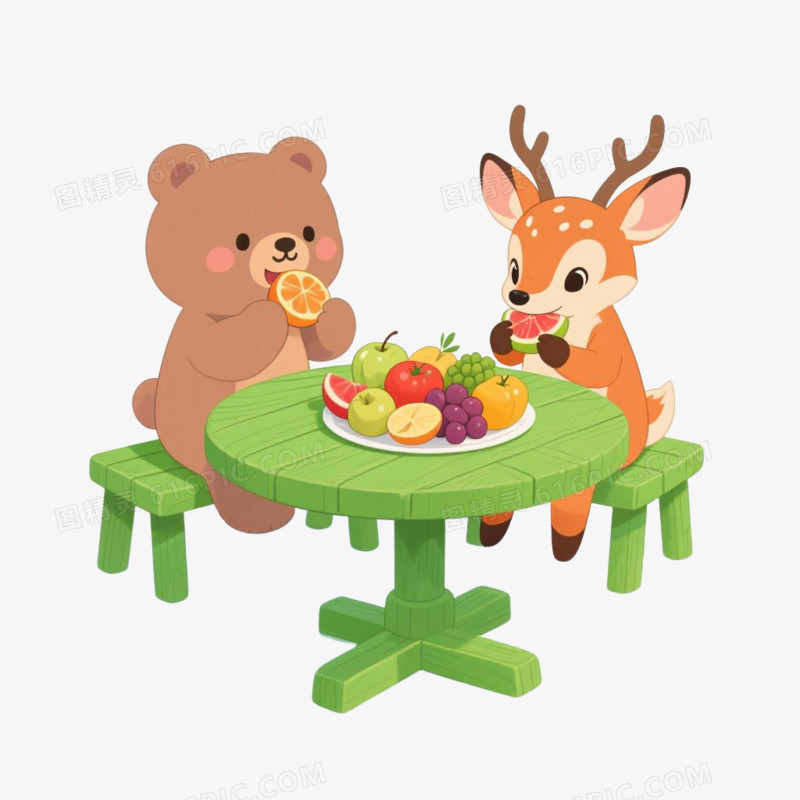 卡通插画风动物吃水果免抠元素