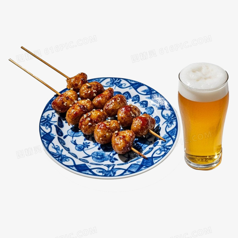 烤鸡心啤酒夏日美食产品实物免抠元素