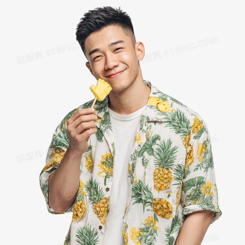 摄影穿热带衬衫的男人吃菠萝免抠元素