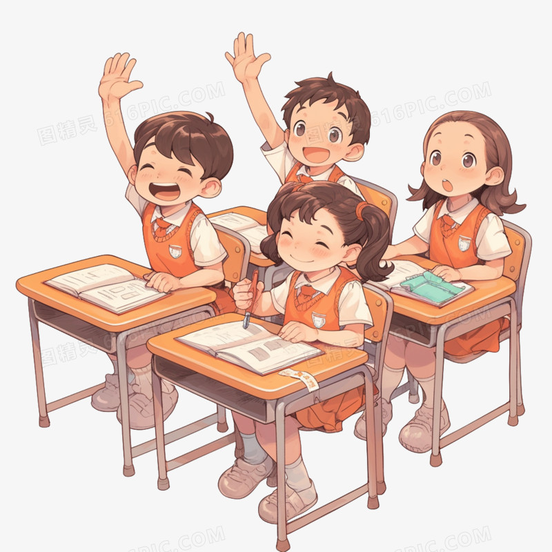 卡通两排坐在课桌后的学生举手免抠元素