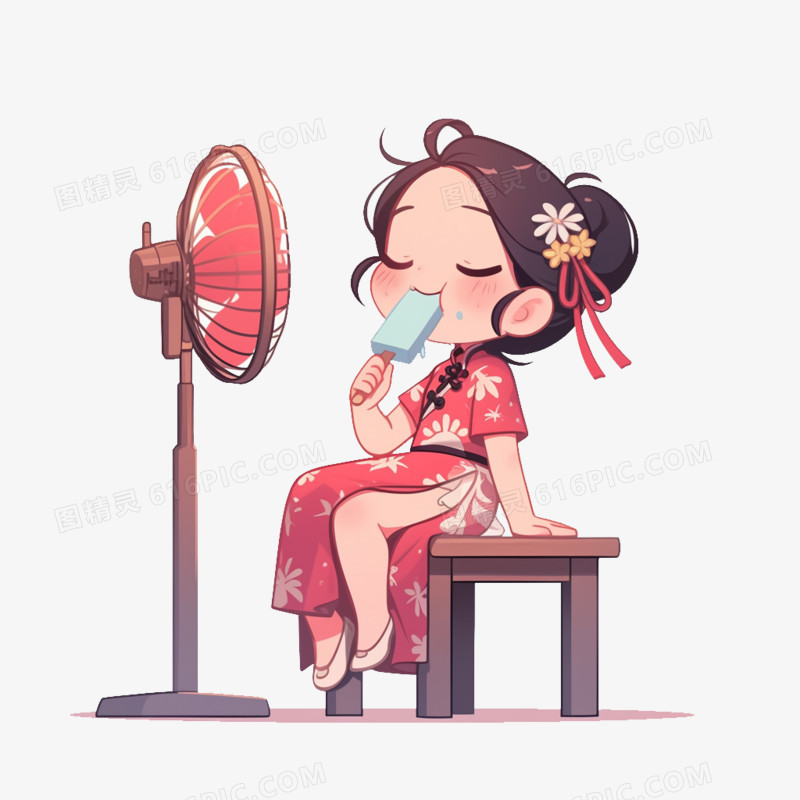 卡通穿旗袍的女孩拿着冰棍吹风扇解暑免抠元素