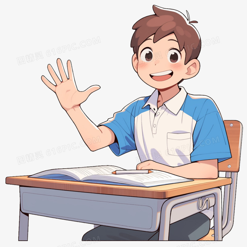 卡通一个穿蓝色短袖校服的初中男生举手免抠元素