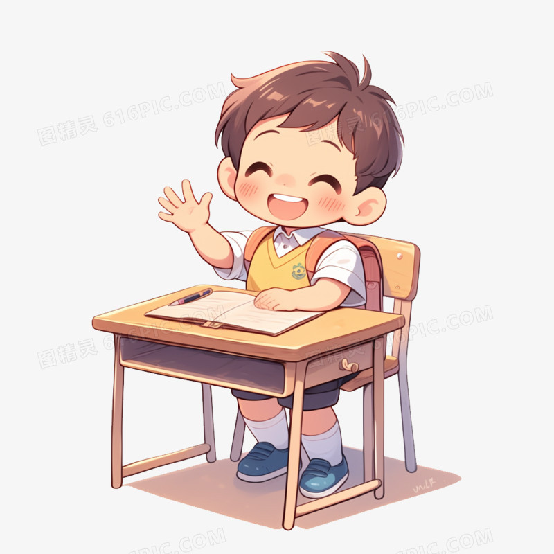 卡通一个穿校服背书包的男生举手免抠元素
