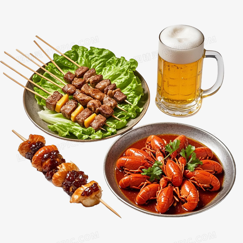 夏日美食烧烤啤酒小龙虾免抠元素