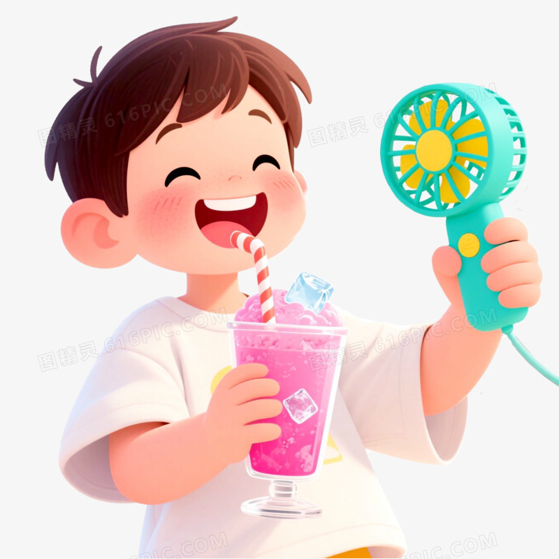 插画风小孩喝冰饮料画面免抠元素