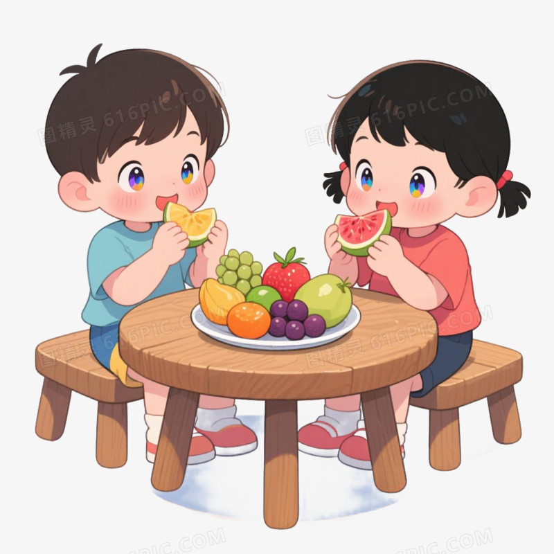 卡通动漫插画风儿童吃水果免抠元素