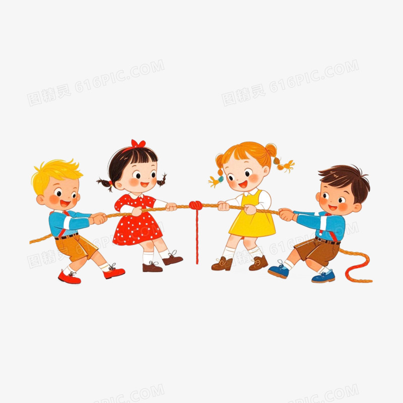 插画风学生小孩子拔河比赛免抠元素