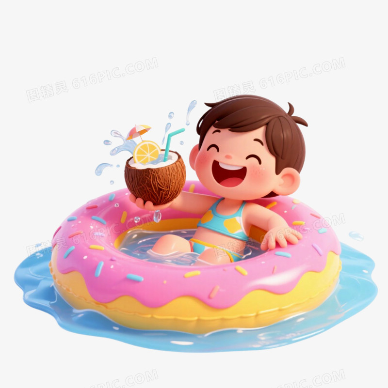 3D风夏天高温消暑小孩游泳画面免抠元素
