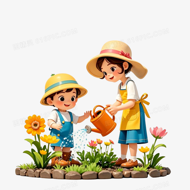 插画风给花浇水免抠元素