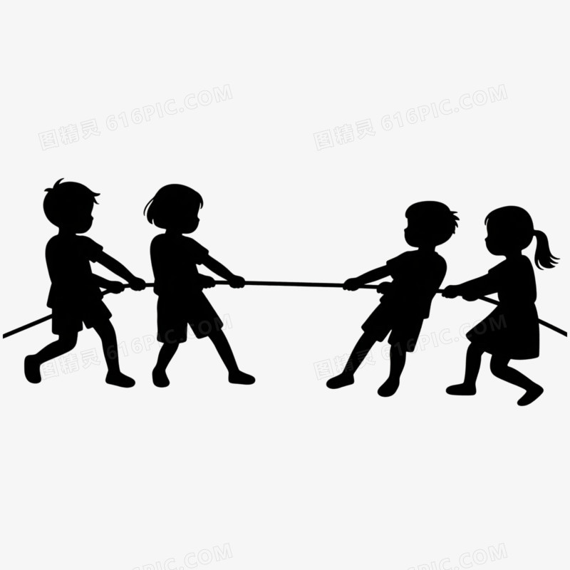 插画风学生小孩子拔河比赛剪影免抠元素