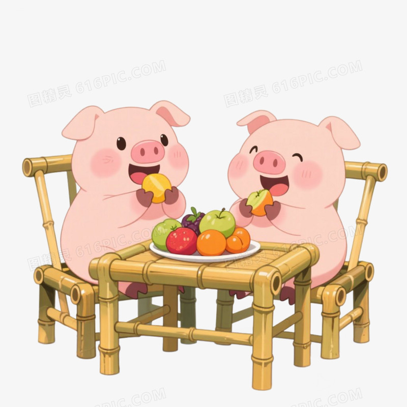 卡通插画风动物吃水果免抠元素