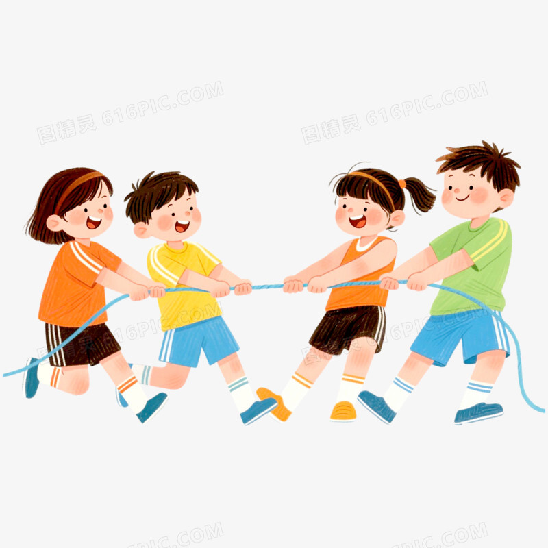 插画风学生小孩子拔河比赛免抠元素