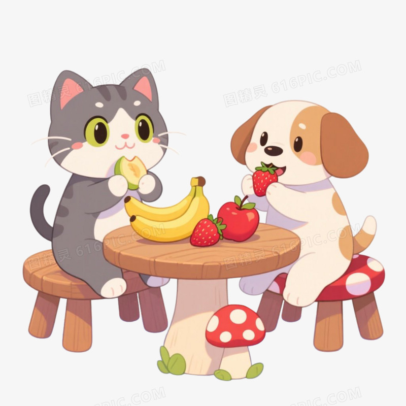 卡通插画风动物吃水果免抠元素