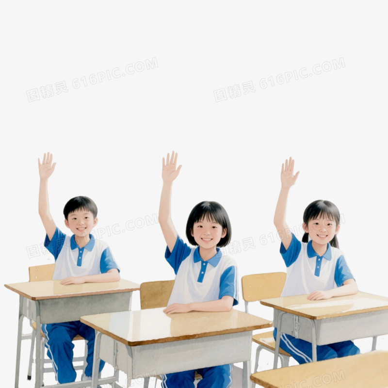 实拍风学生上课举手多人免抠元素
