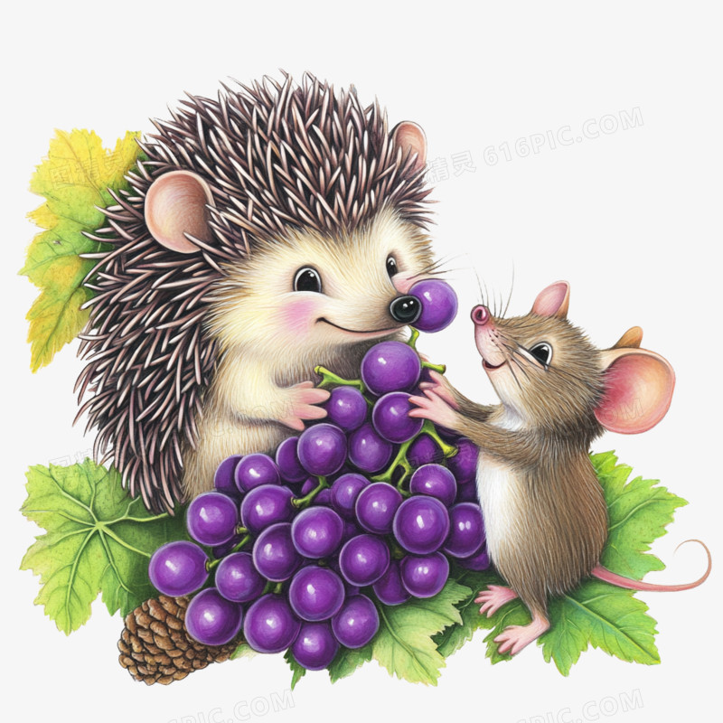 插画风吃水果小刺猬小老鼠吃葡萄免抠元素