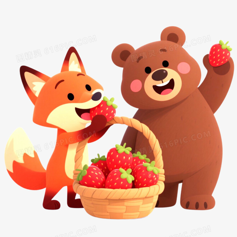 插画风吃水果狐狸小熊吃草莓免抠元素