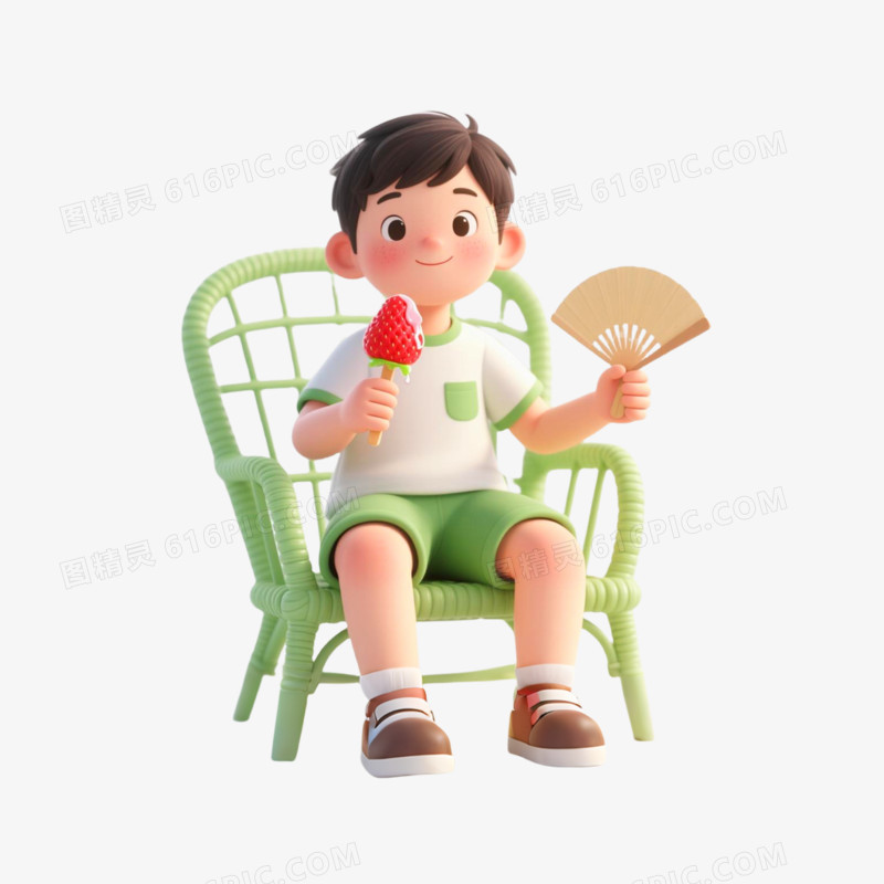 C4D插画风格一个男孩消暑免抠元素