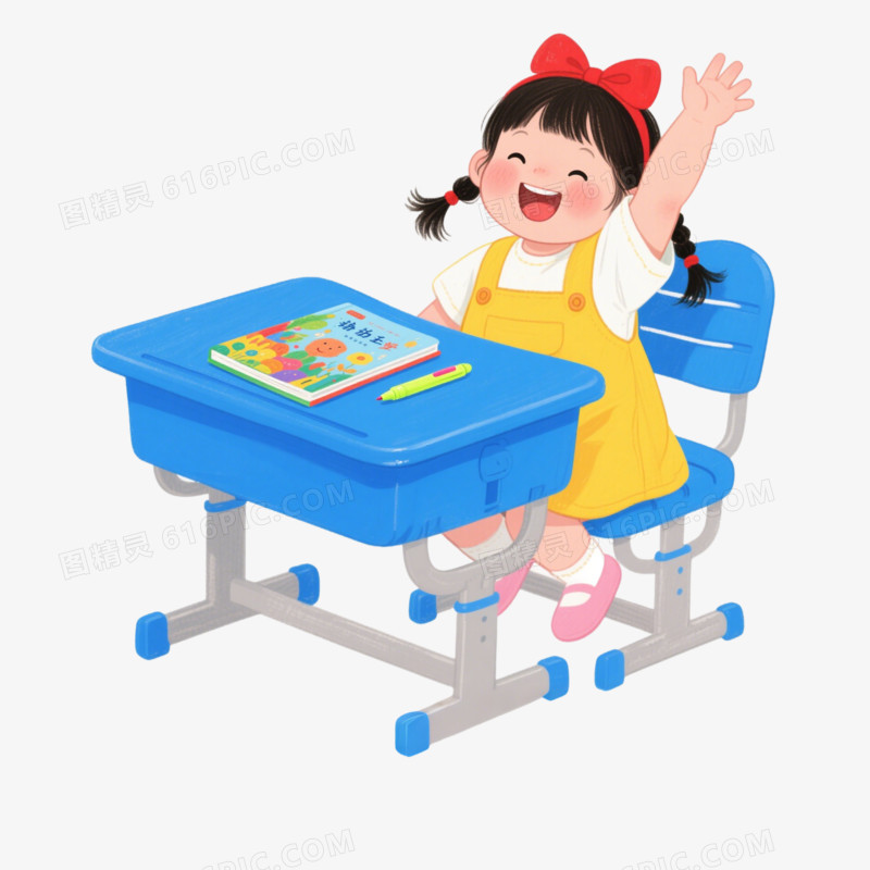 插画风学生上课举手一人免抠元素
