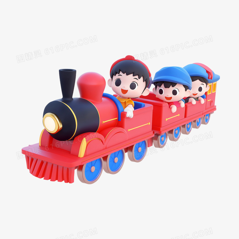 3d风人物乘坐多彩小火车免抠元素