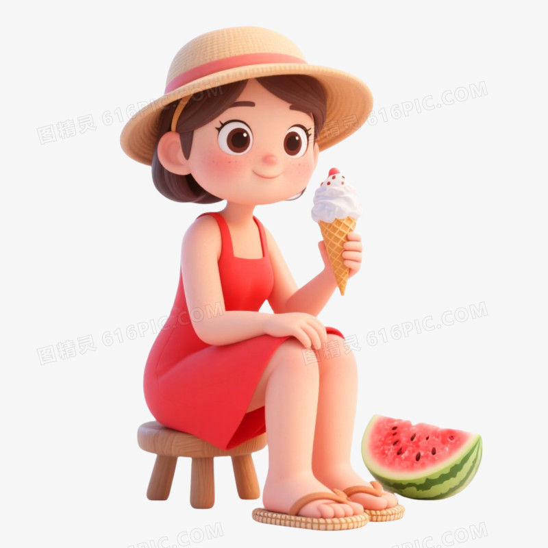 C4D插画风格女生消暑免抠元素