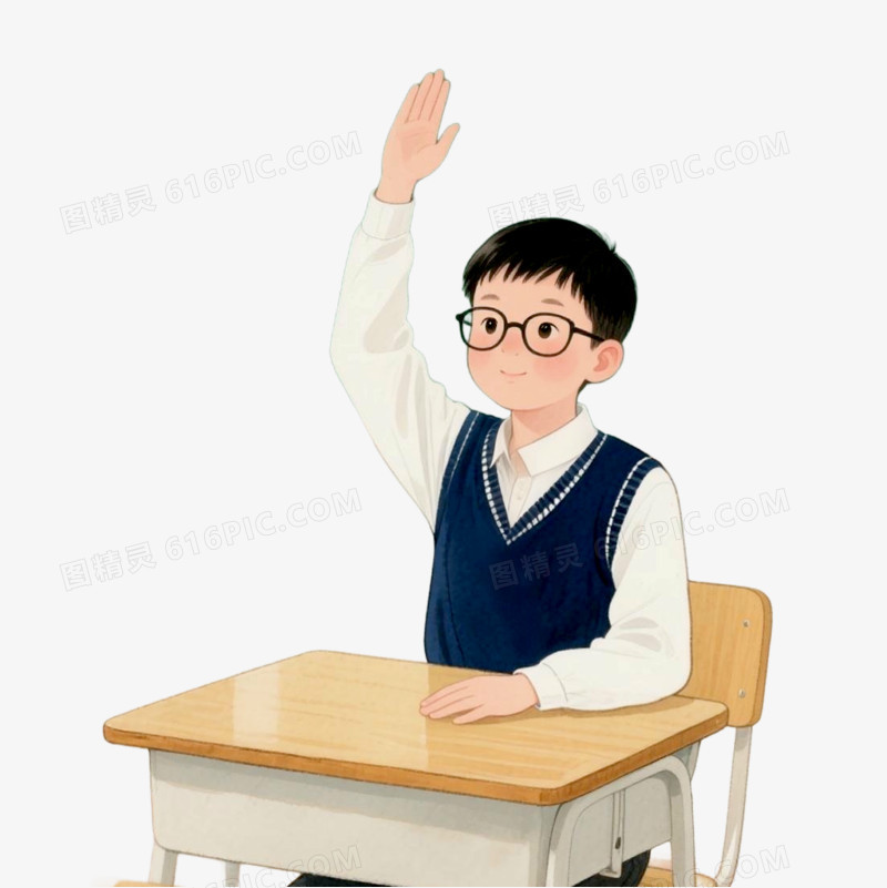 插画风学生上课举手免抠元素