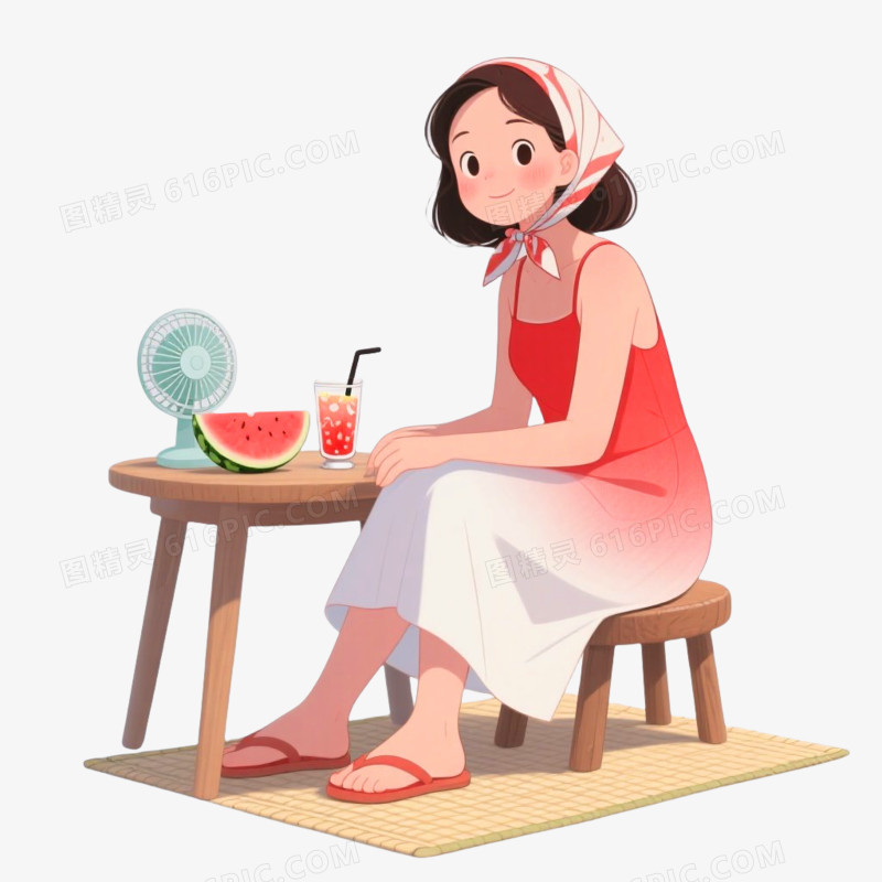 插画风格一个男孩消暑免抠元素