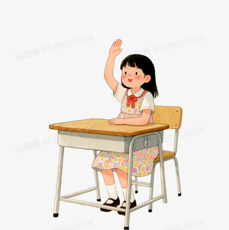 插画风学生上课举手免抠元素