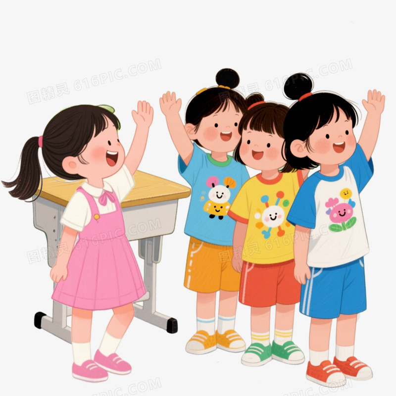 插画风学生上课举手多人免抠元素