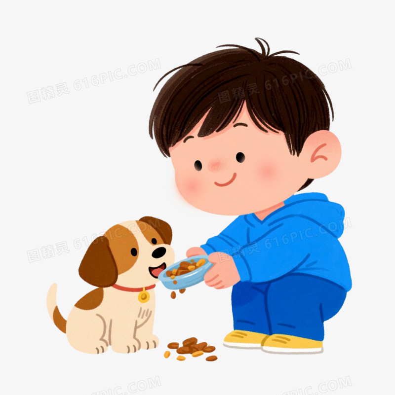 插画风给小狗喂食免抠元素